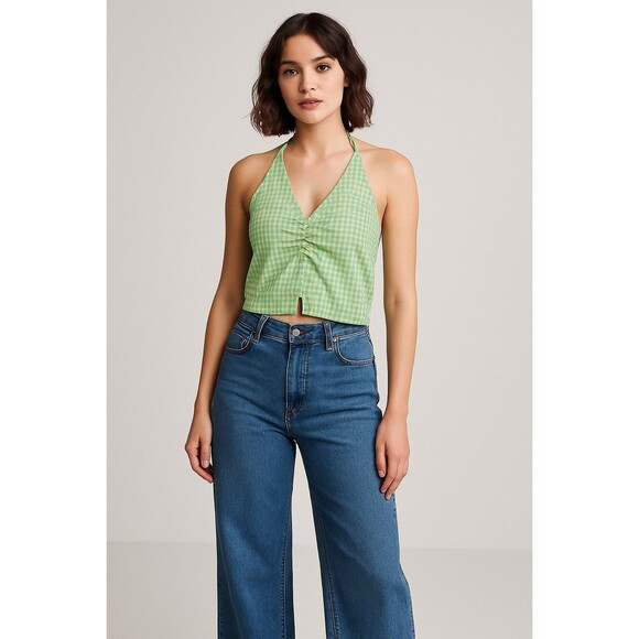 Elodie Gingham Halter Top XL Green Yellow Ruched Crop Tank Y2K Festival Cami - Picture 1 of 10
